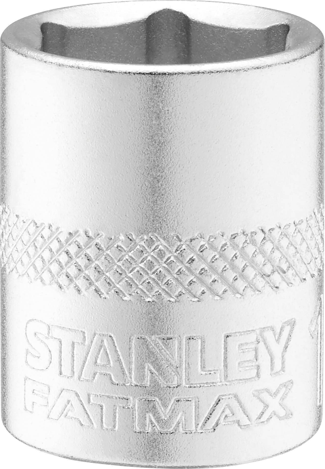 Stanley FatMax socket attachment with embossed 'STANLEY FATMAX'. Silver cylindrical design with a ribbed surface for improved grip.