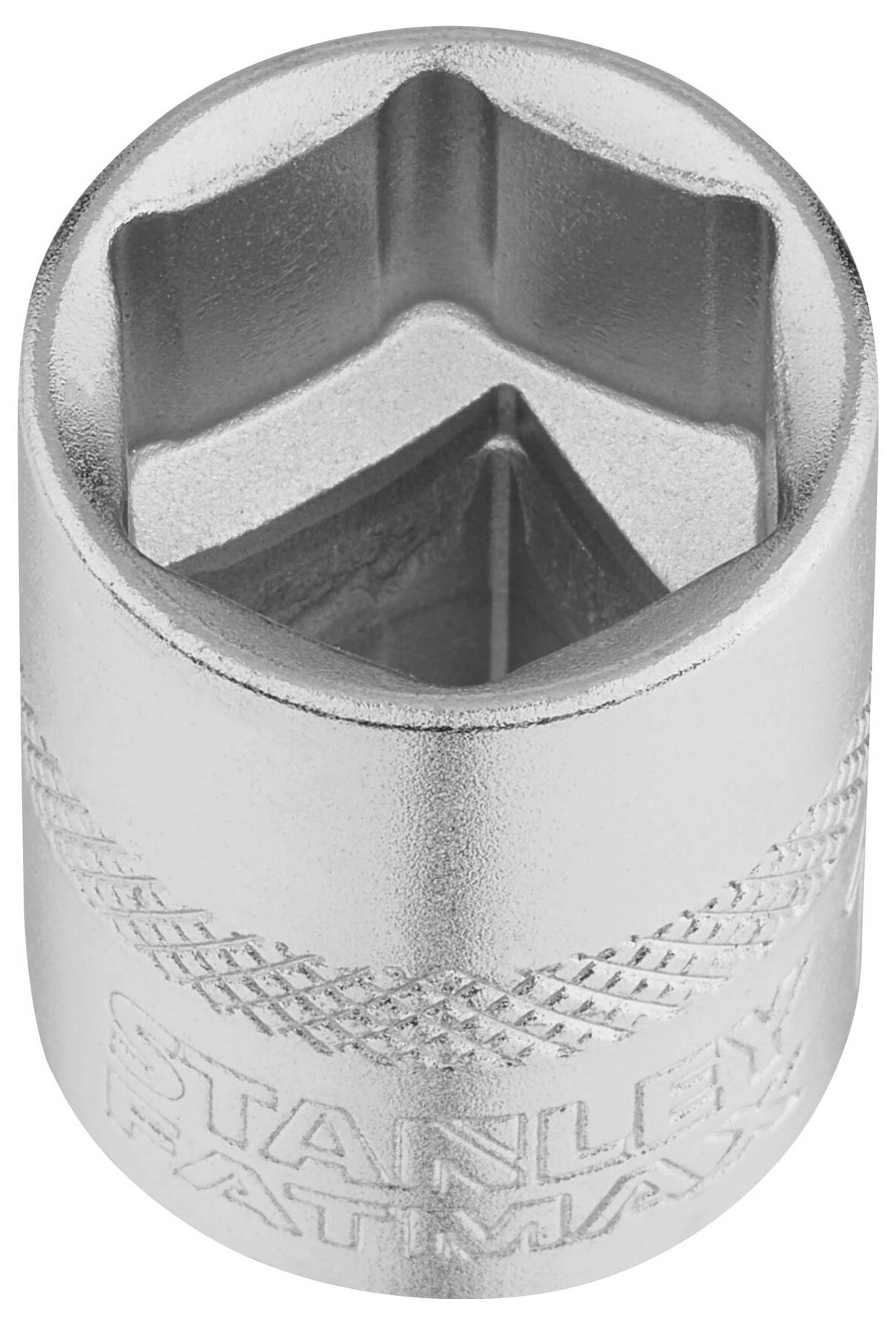 Hexagonal socket nut, silver-coloured, used for tightening or loosening screws with a matching screw head.