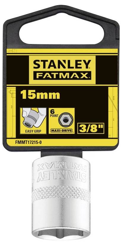 Stanley Fatmax socket, 15 mm, 6-point, with 3/8-inch drive and 'Easy Grip' function for improved grip.