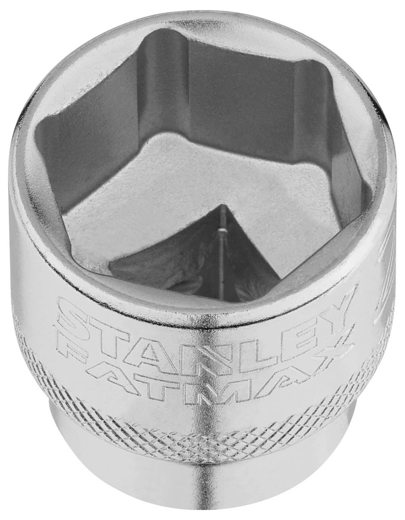 A metal socket nut with a hexagonal opening and an embossed 'STANLEY FATMAX' inscription on the side, suitable for tools.