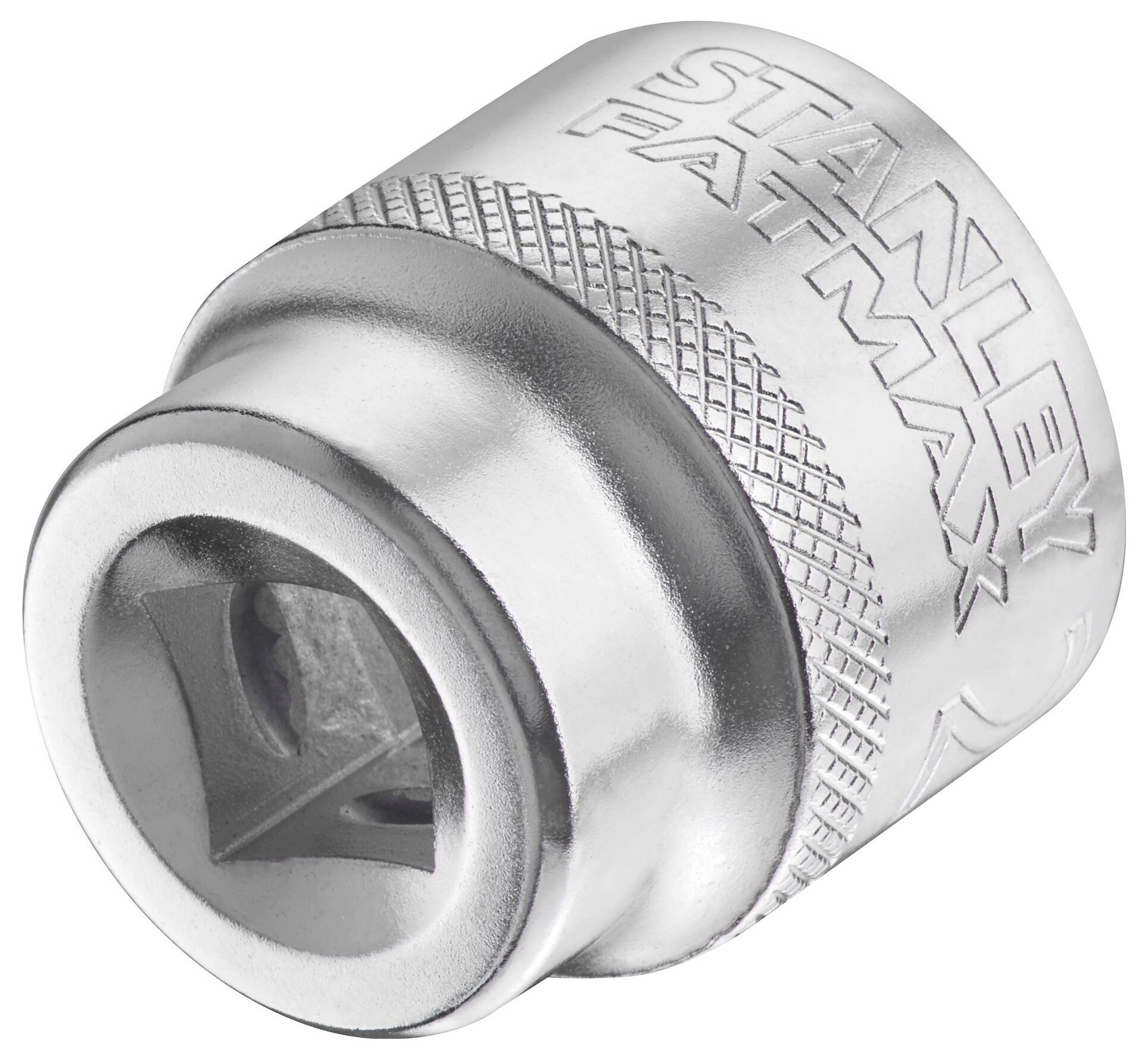 Metallic socket key insert with 'Stanley Fatmax' engraving, textured handle for improved grip, round design.