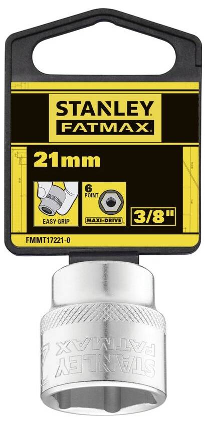 Stanley Fatmax socket, 21 mm, 6-point, 3/8 inch. Packaging shows size and features such as 'Easy Grip' and 'Maxi-Drive'.