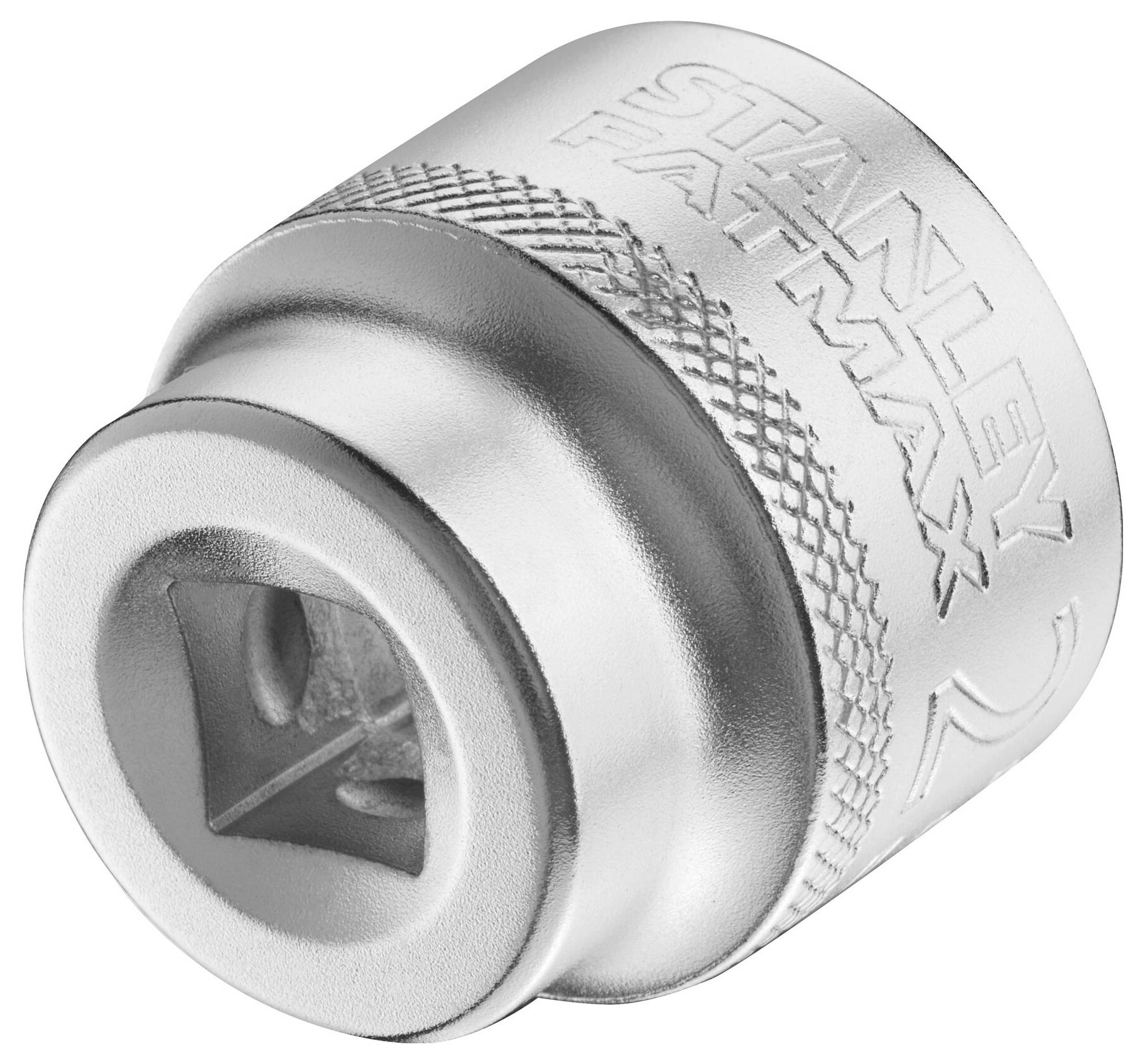 Metal socket attachment in silver colour, with 'STANLEY FATMAX' brand marking and knurled handle for improved grip.
