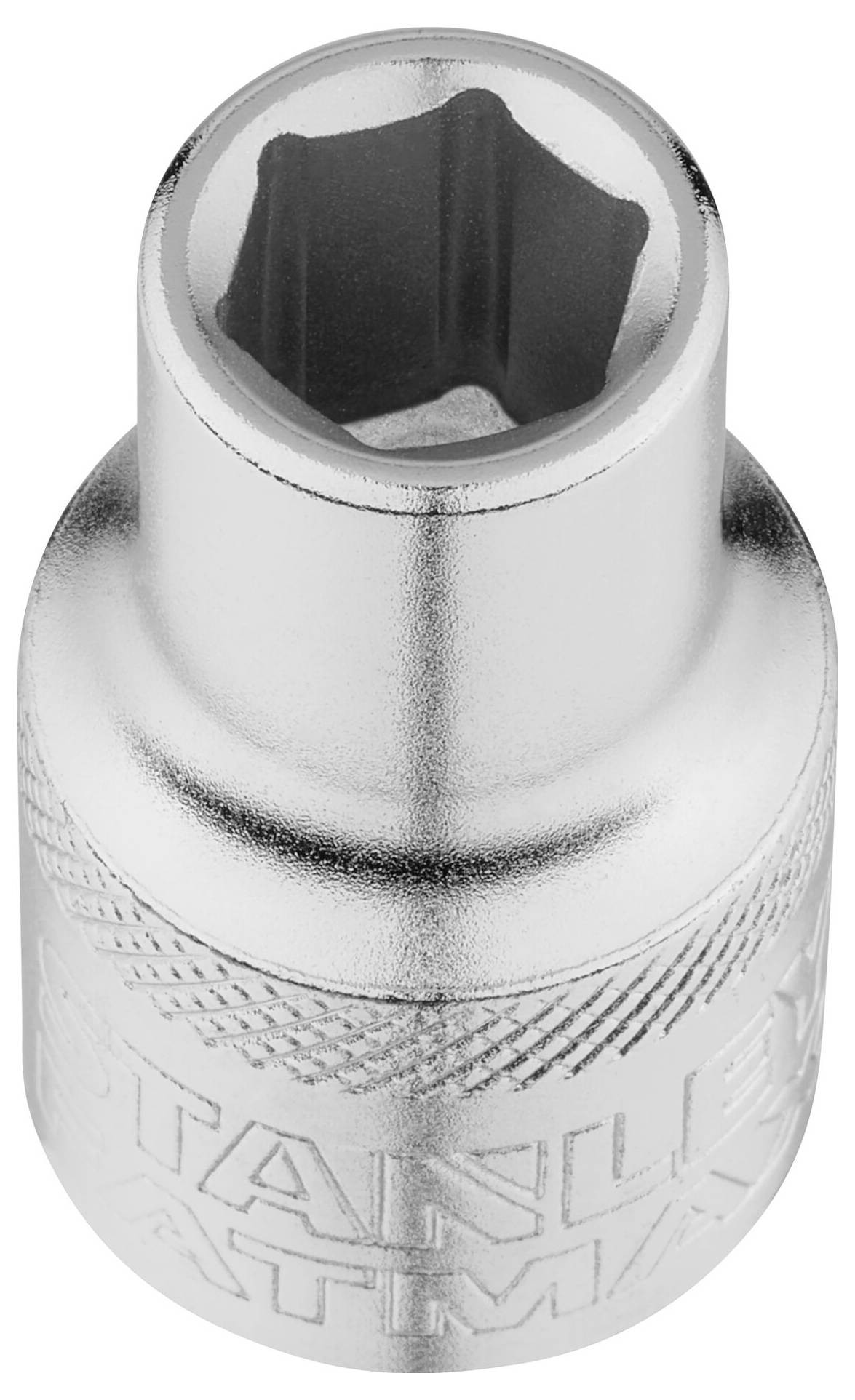 A silver socket insert with a hexagonal opening. It is used for tightening or loosening nuts and bolts with a matching spanner.