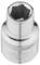 A silver socket insert with a hexagonal opening. It is used for tightening or loosening nuts and bolts with a matching spanner.
