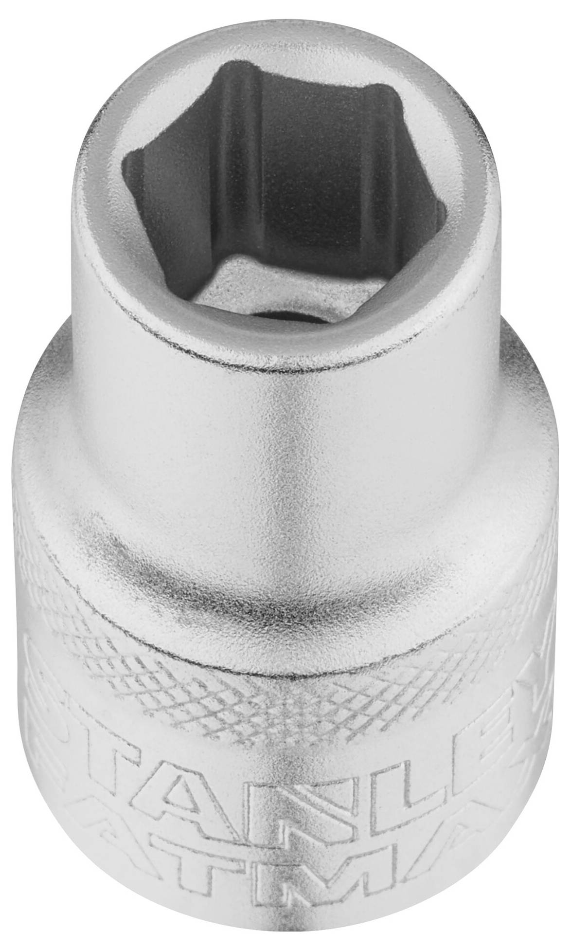 Metal hexagonal socket wrench attachment with a hexagonal internal opening, suitable for the assembly and disassembly of bolts and nuts.
