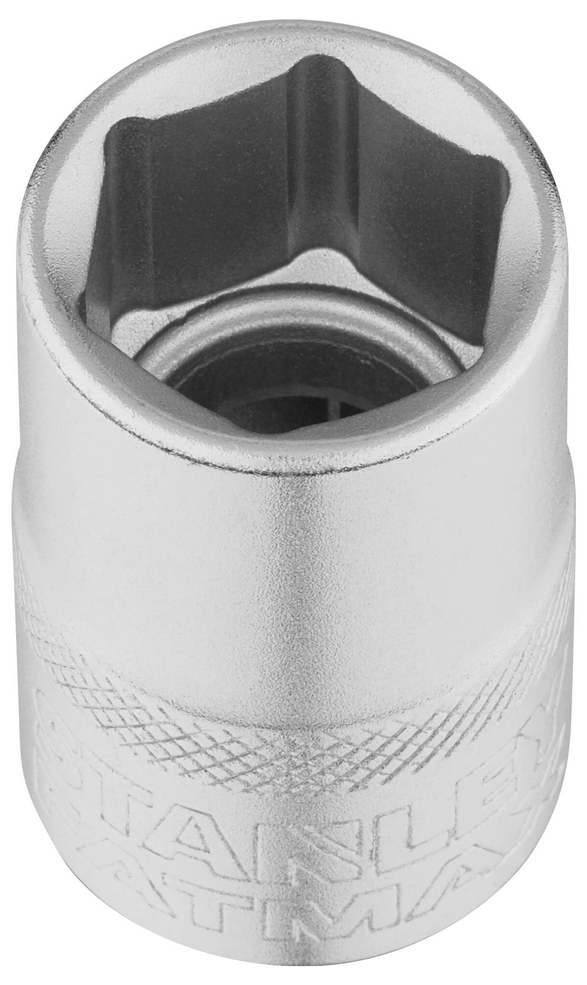 Metal socket for ratchet, shiny, with ribbed handle. Suitable for fastening screws and nuts.