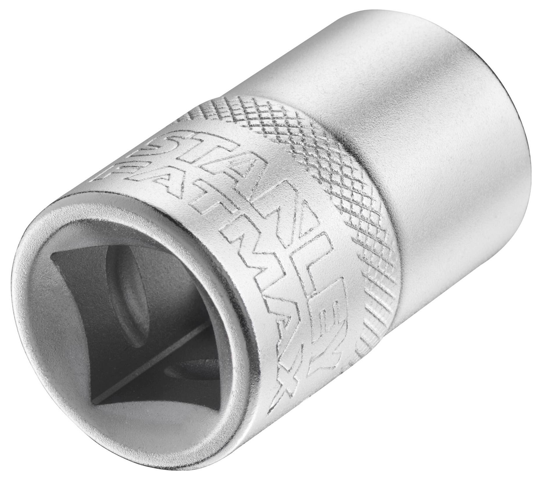 Metallic socket with a textured surface and the inscription 'Stanley FatMax' for use with socket wrenches.