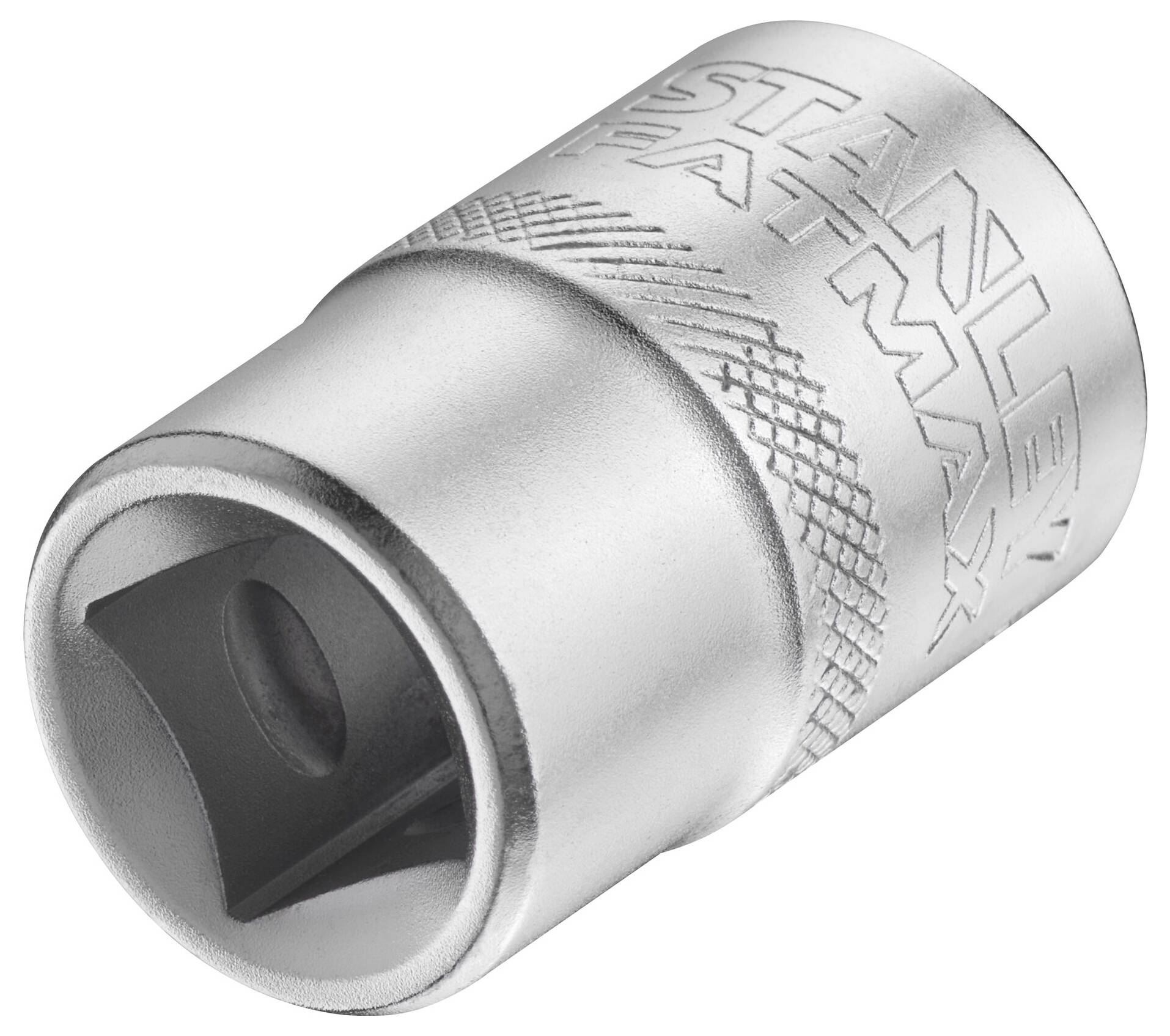A silver hexagonal nut with 'Stanley Fatmax' engraved on it, textured for improved grip.
