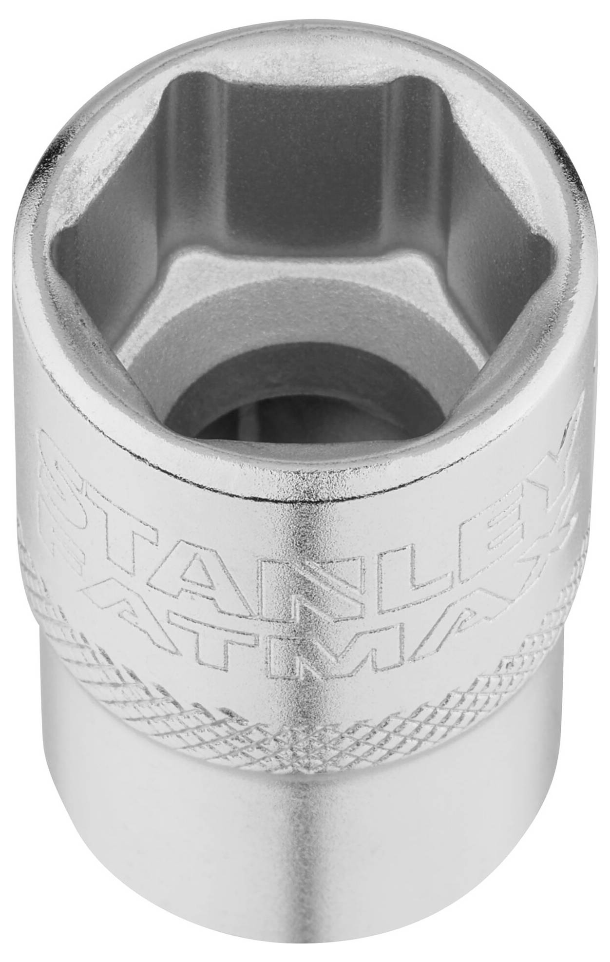 Metal socket wrench, cylindrical shape, with engraved text 'Stanley FatMax' for use with socket tools.