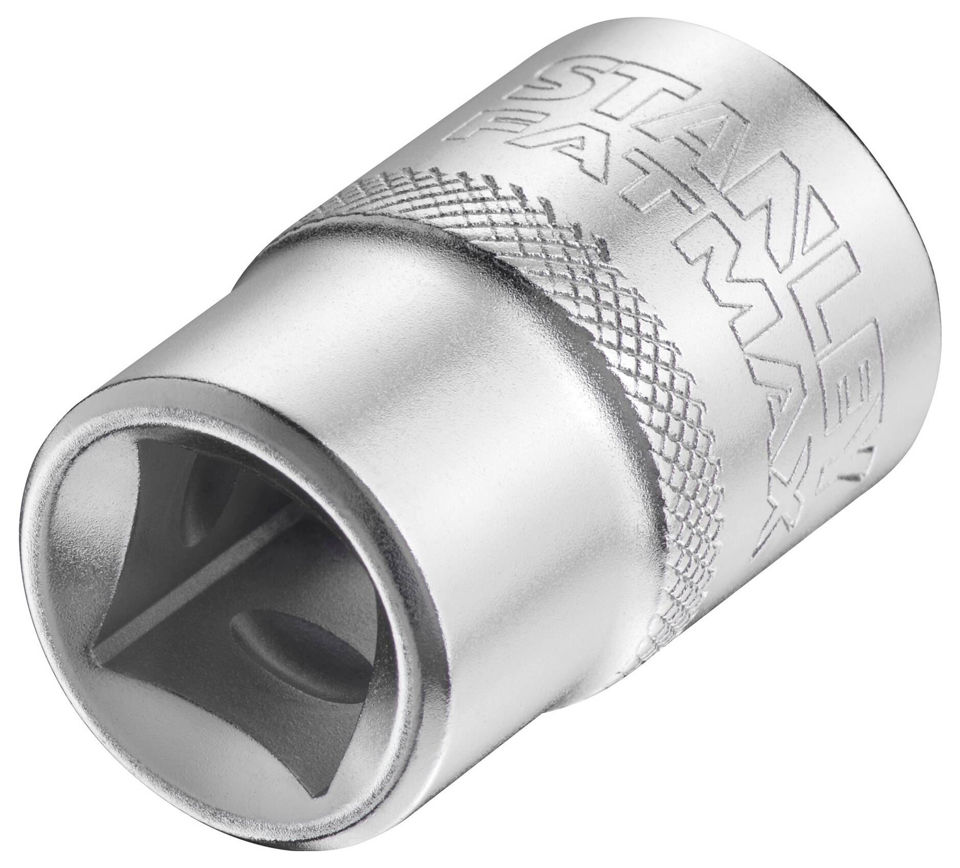 Metal socket wrench with engraving 'STANLEY FATMAX'. Cylindrical shape, glossy surface, serrated structure for improved grip.
