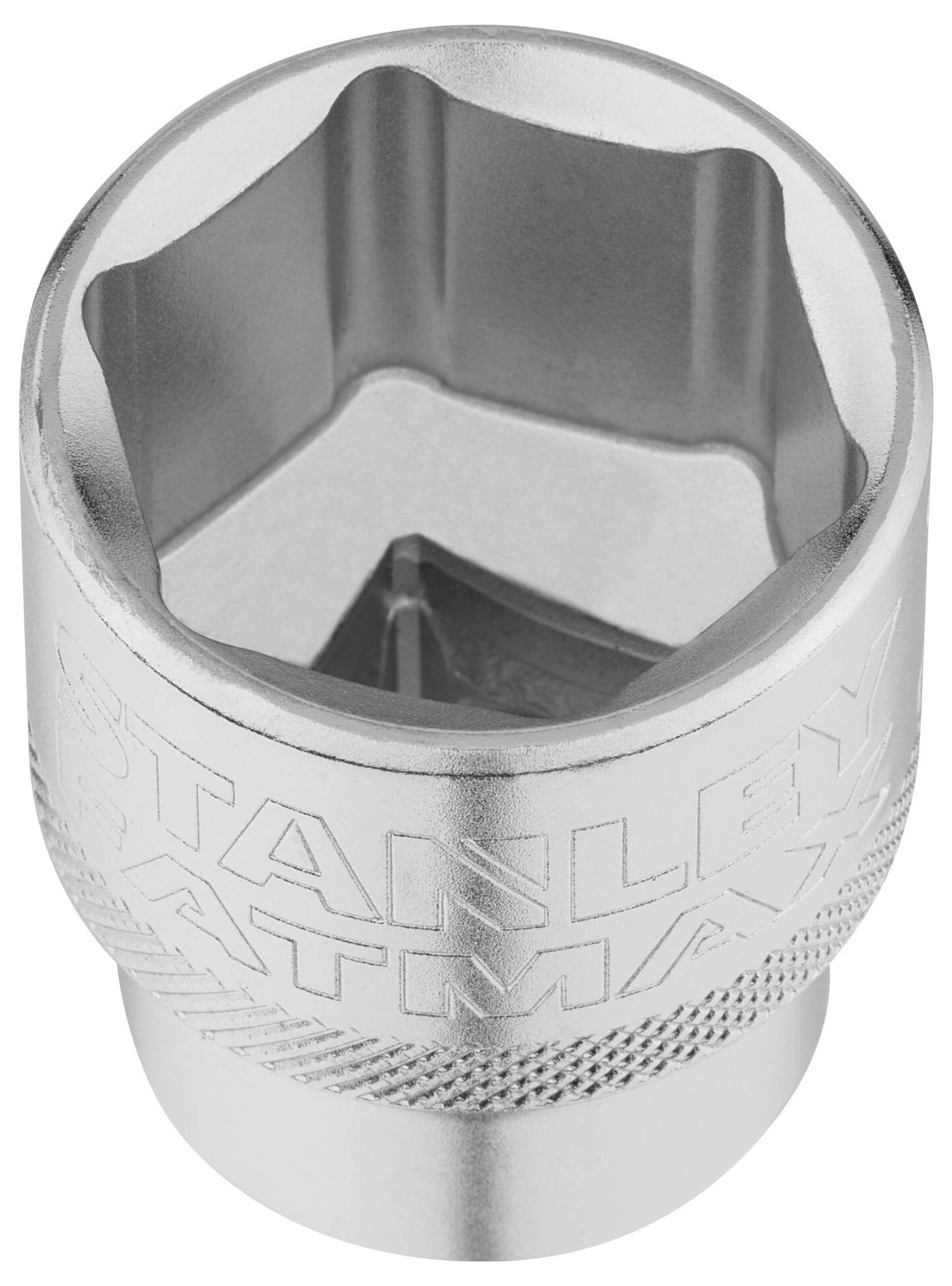 Metal socket wrench nut with engraved company logo and hexagonal internal profile, suitable for screw-related work.