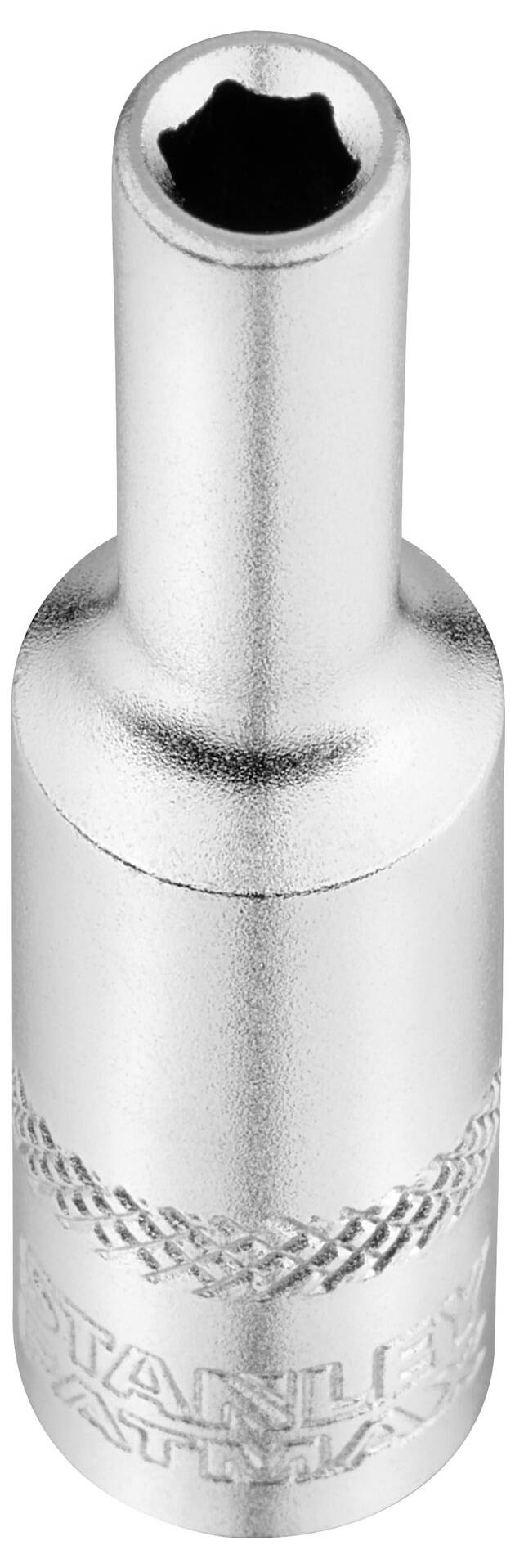 'Metallic hex socket adaptor with a knurled surface.'