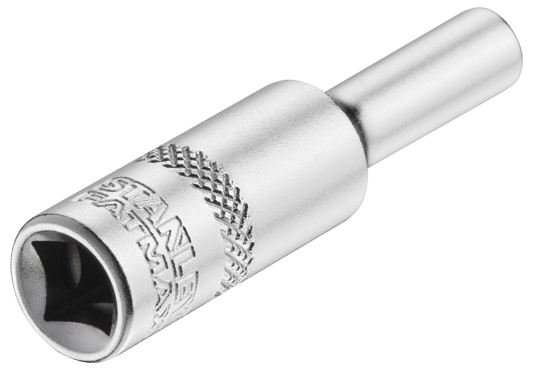 Metal socket key attachment with a square opening and engraved brand name, used for tightening screws.