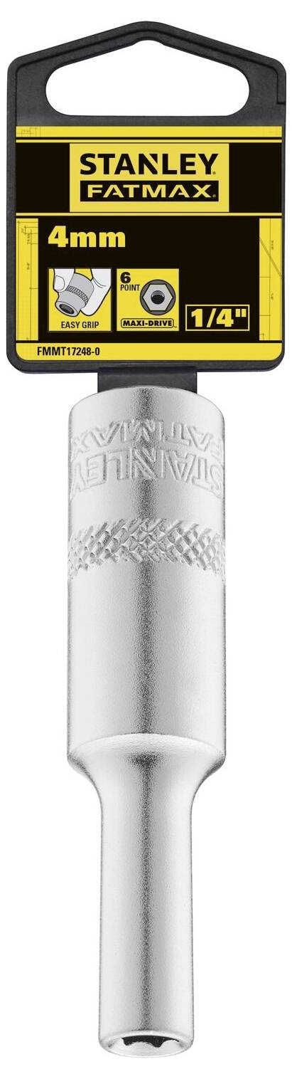 Stanley Fatmax Socket, 4mm size, suitable for 1/4 inch drives, silver, packaged with product information.