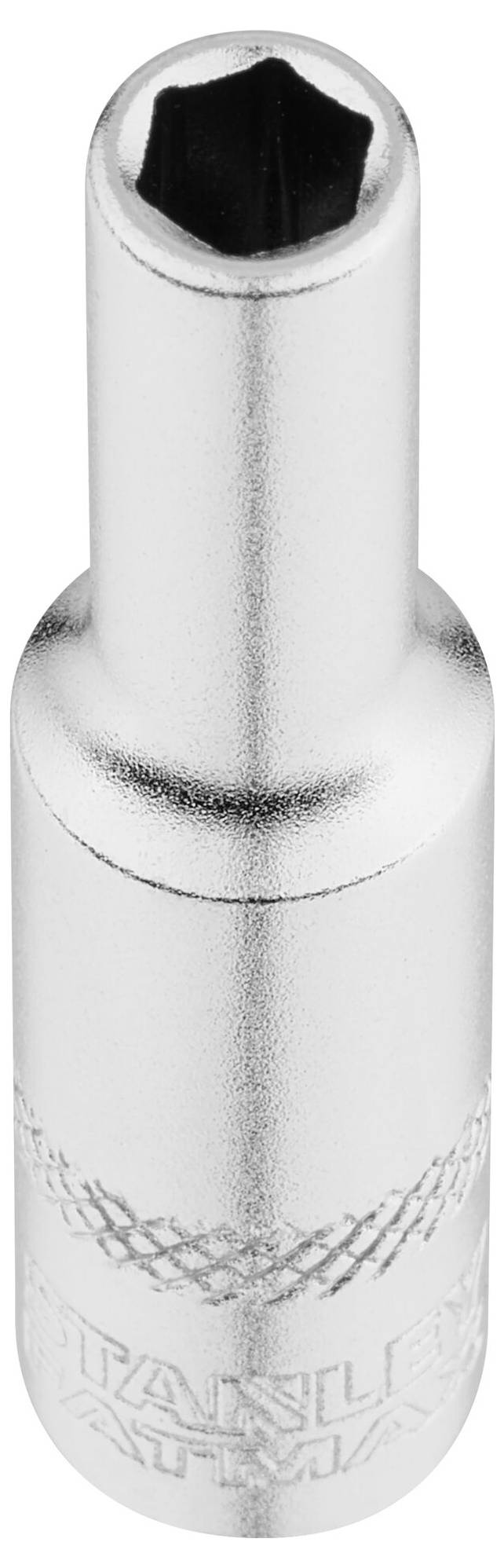 A silver socket key insert with a hexagonal opening. Suitable for screws and nuts. Inscription on the tool.