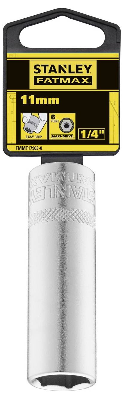 'Stanley Fatmax', silver socket, 11 mm, 1/4 inch, hexagonal, suitable for right/left operation. Packaging with label on top.