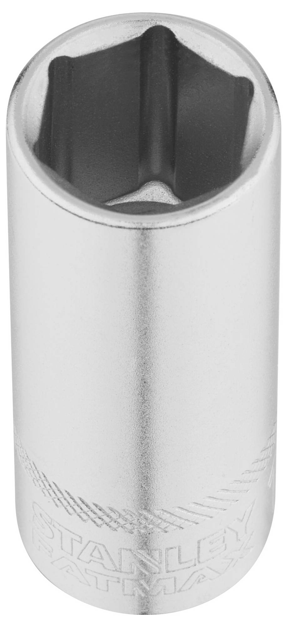 A silver hexagonal socket with 'Stanley Fatmax' engraved on the side. It is used in a tool context.