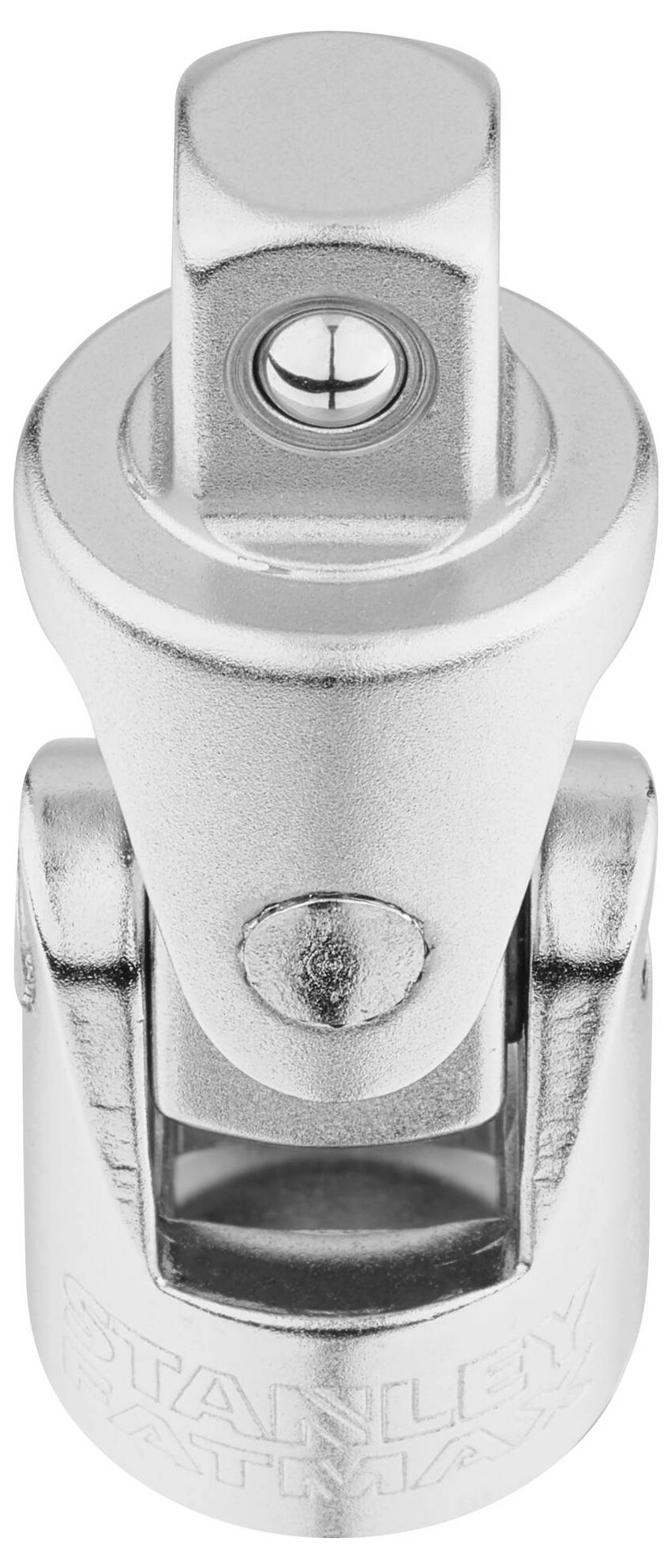 A silver universal joint socket made of metal, used for flexible connection of tools.