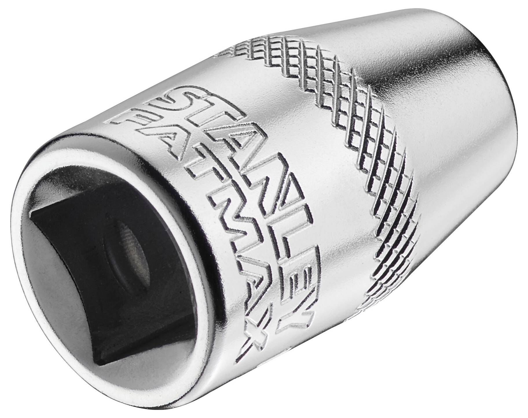 Metallic socket with 'STANLEY FATMAX' engraved. It has a knurled surface for better grip.