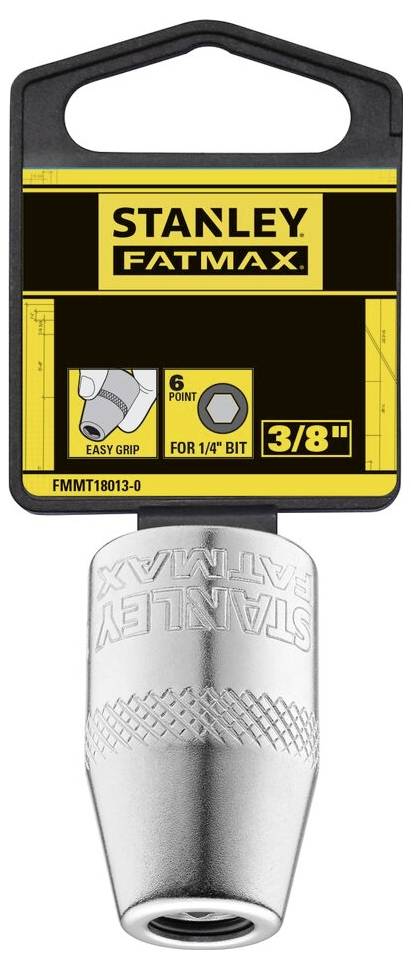 'STANLEY FATMAX' Socket Adapter, 3/8 inch, with hexagonal socket and Easy-Grip design. Packaging displays product details.