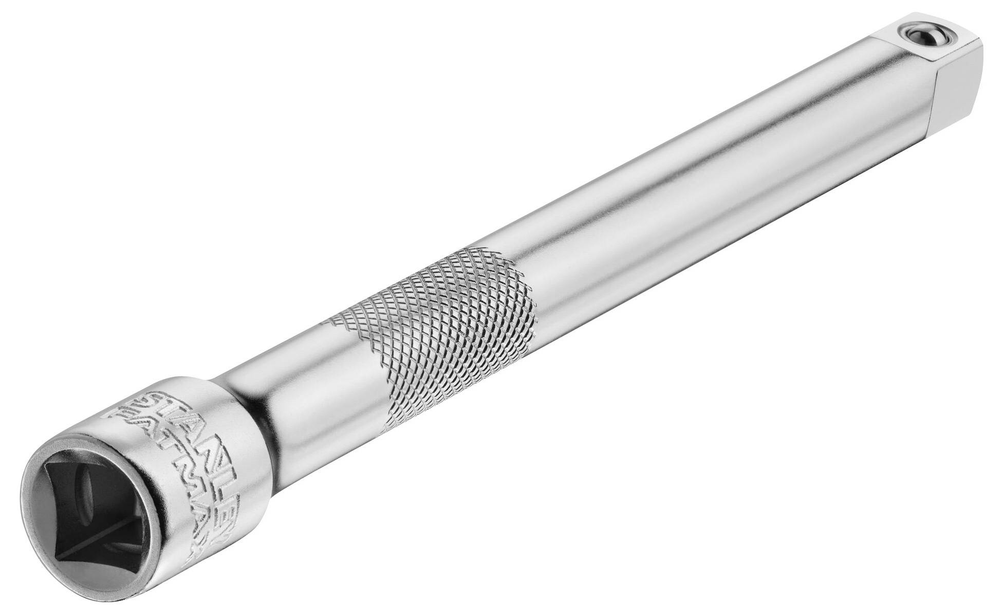 A long, silver ratchet socket extension with a knurled grip area for improved handling.