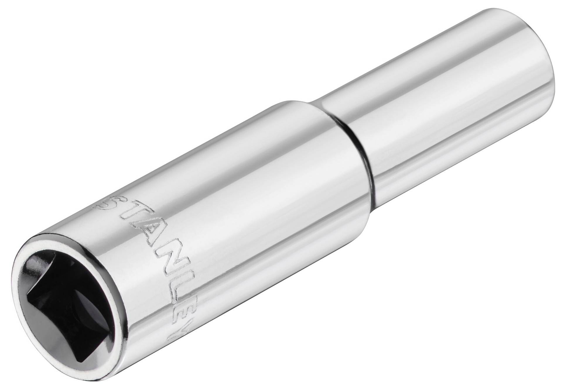 A silver-coloured socket adapter, cylindrical in shape, made of metal. Suitable for use with a spanner or ratchet.