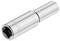 A silver-coloured socket adapter, cylindrical in shape, made of metal. Suitable for use with a spanner or ratchet.