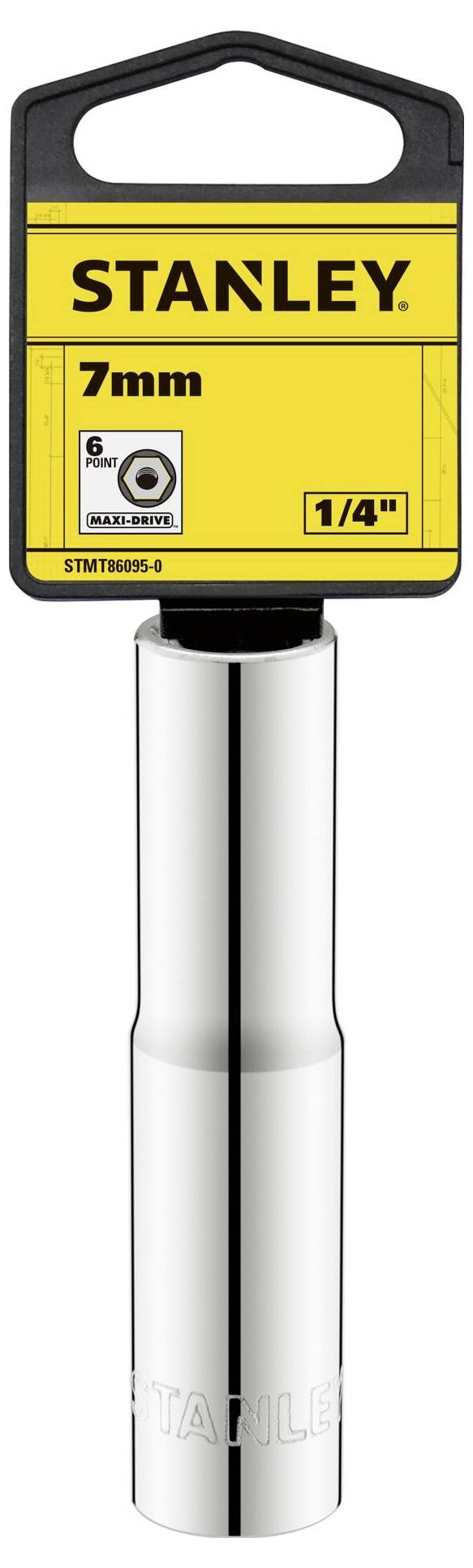 'STANLEY 7mm 1/4"' socket wrench, chrome-plated, in packaging with yellow label.
