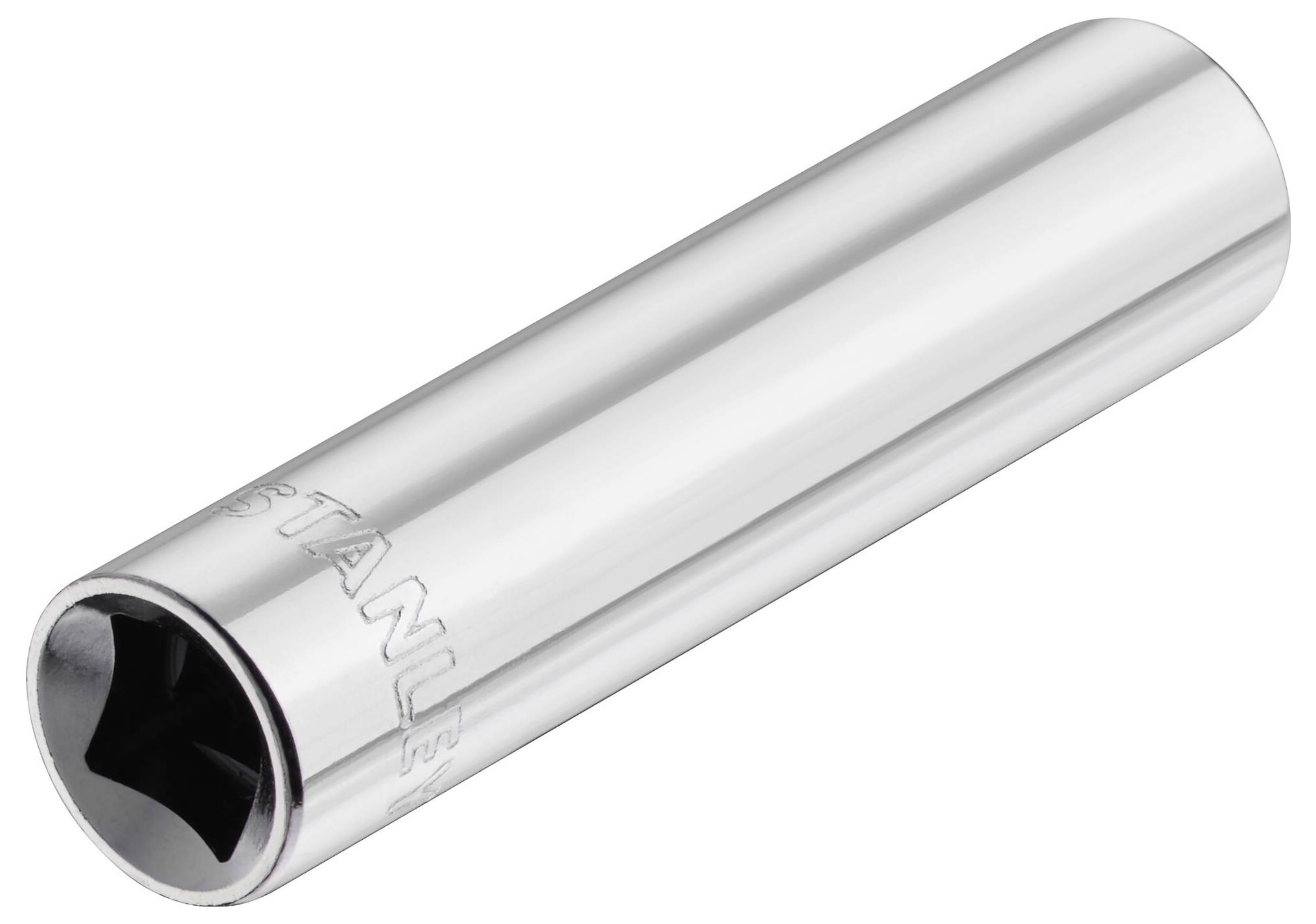 A chrome-plated socket attachment with a square opening for loosening or tightening screws.