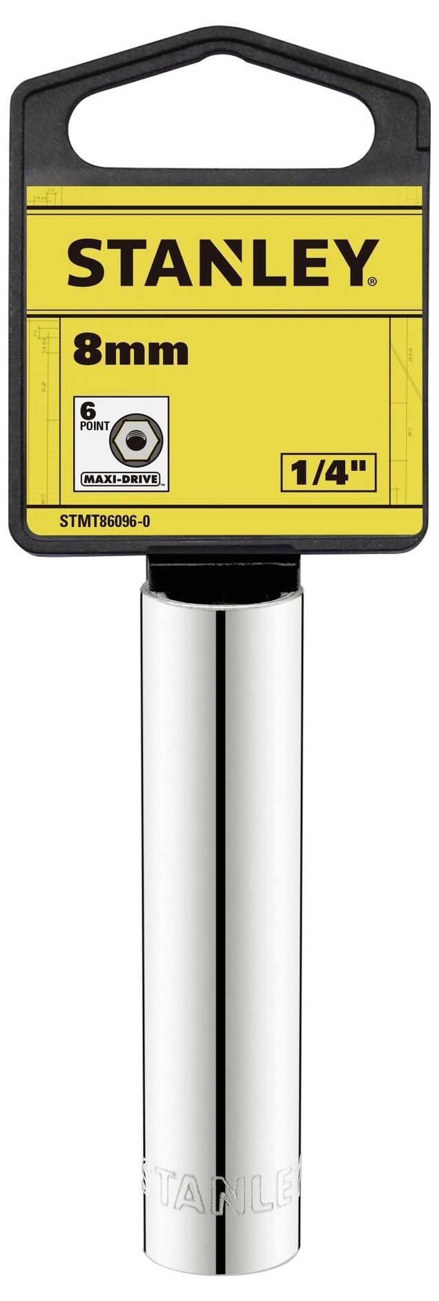 Stanley 8mm Socket, 1/4 inch, 6-point profile, chrome-plated surface.