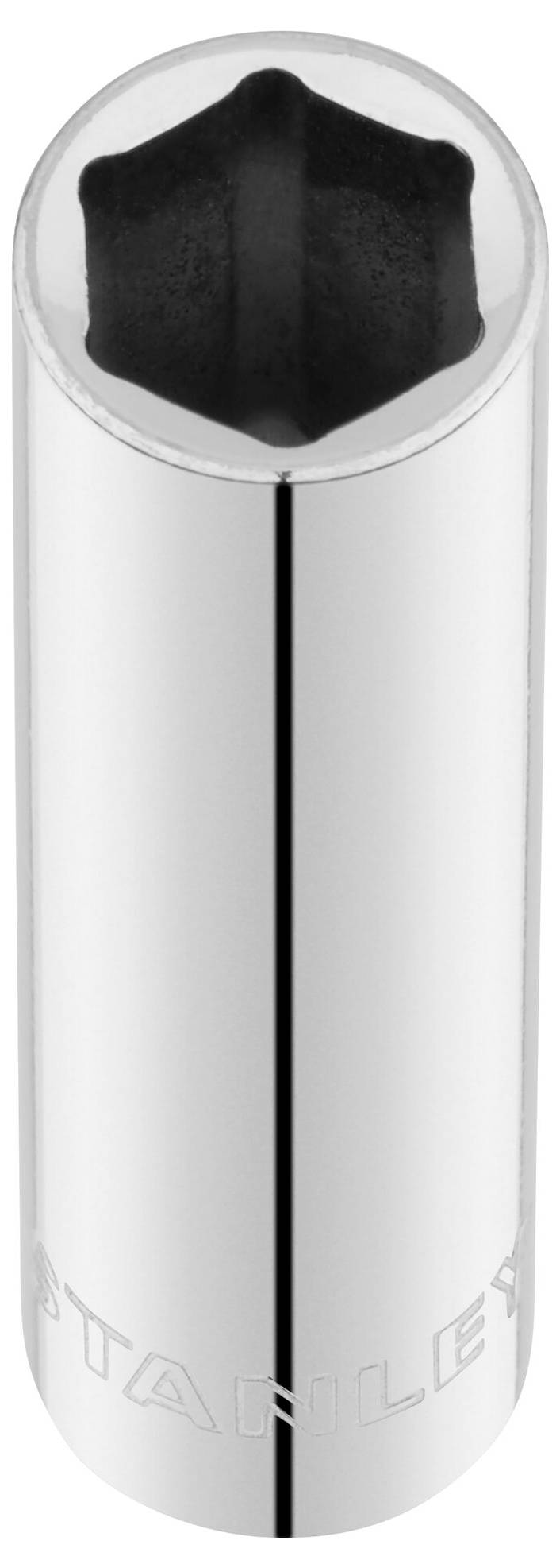 Metal socket with hexagonal opening, polished surface, 'STANLEY' engraving on the lower edge.