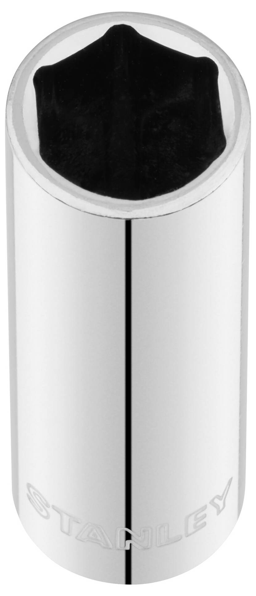 A silver socket extension with 'Stanley' inscription, cylindrical in shape, with a hexagonal opening, reflecting light.