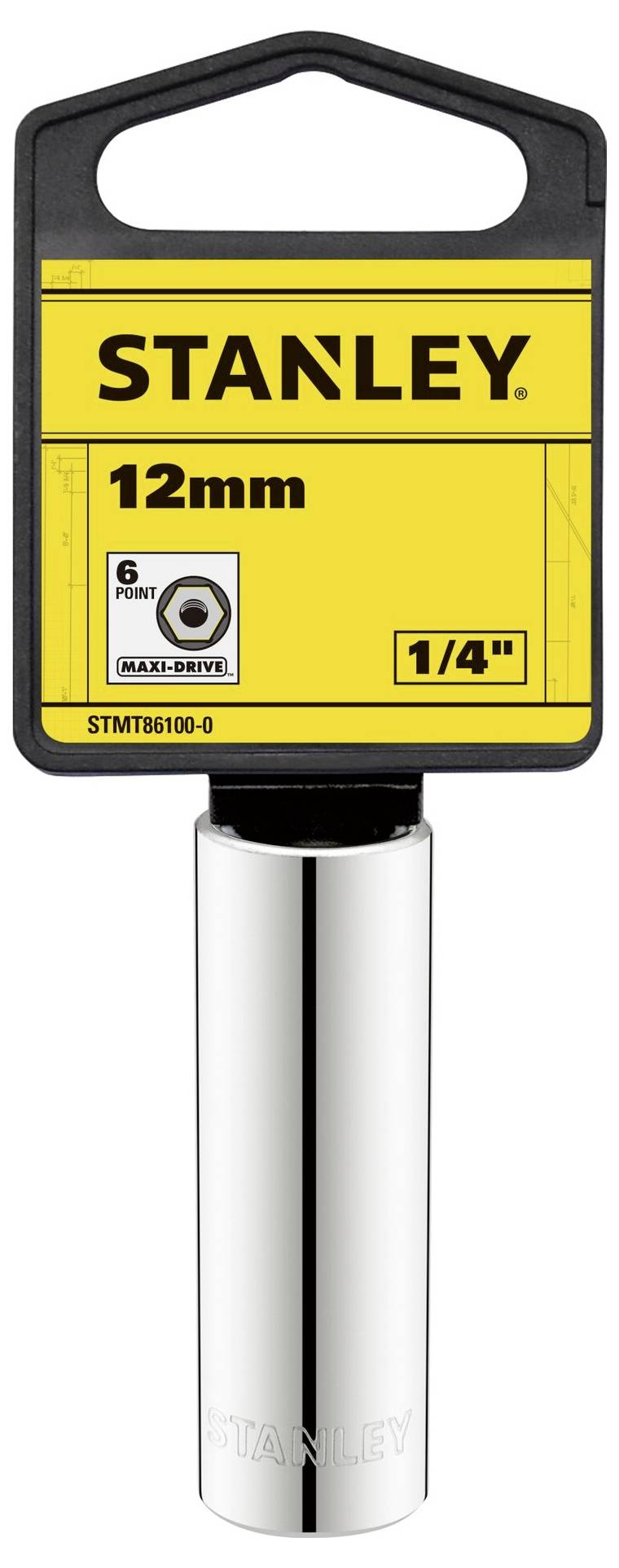 'Stanley socket key, 12 mm, 1/4 inch drive, 6-point design. High-gloss polished, ideal for precision work.'