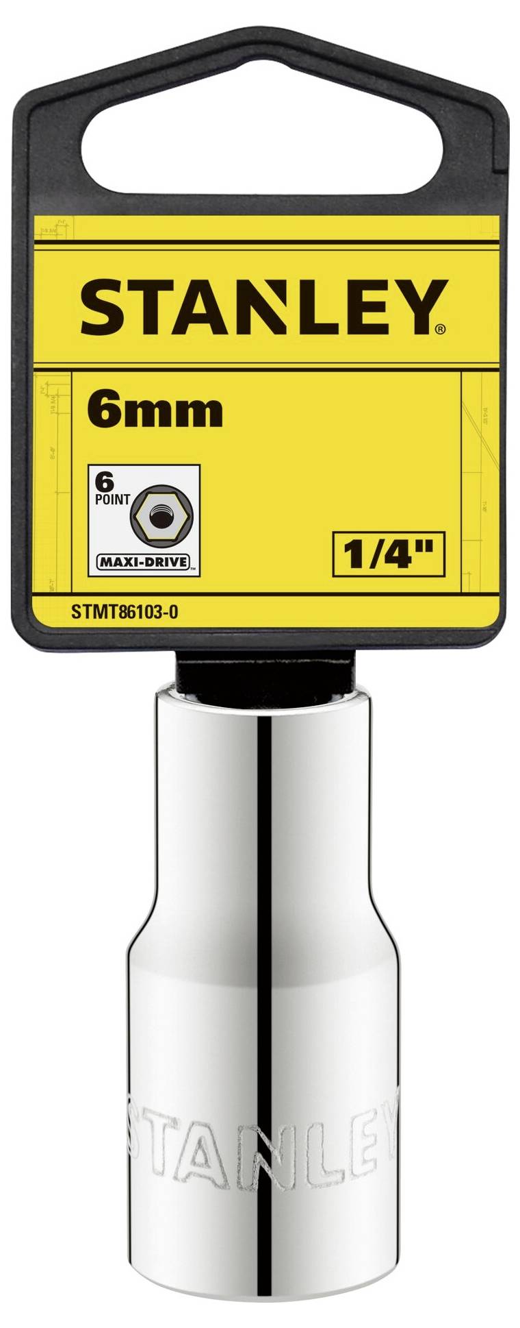 'Stanley hex key, 6mm, metal, yellow label with black print, 1/4" size indicated, high-gloss chrome finish.'