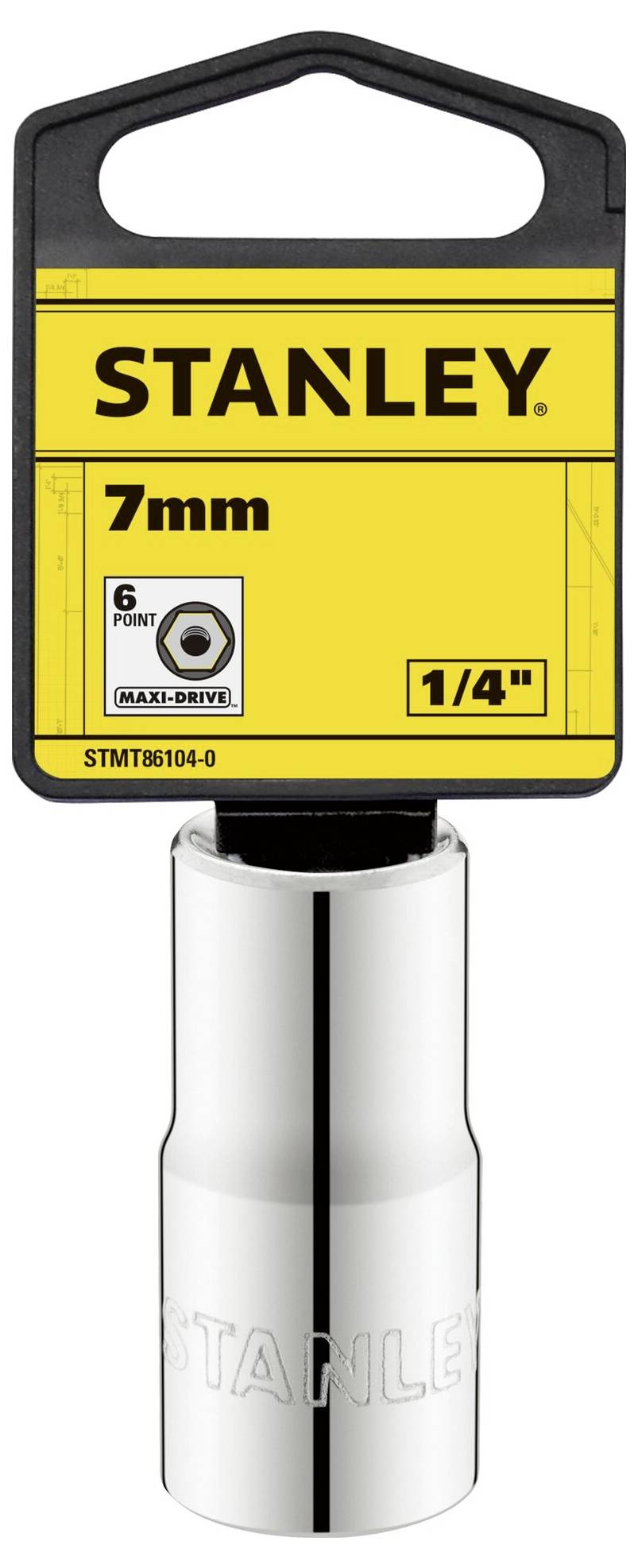 'STANLEY' 7 mm Socket Spanner, 1/4 inch Drive, 6-Point, Maximum Torque. Silver with Yellow Label.