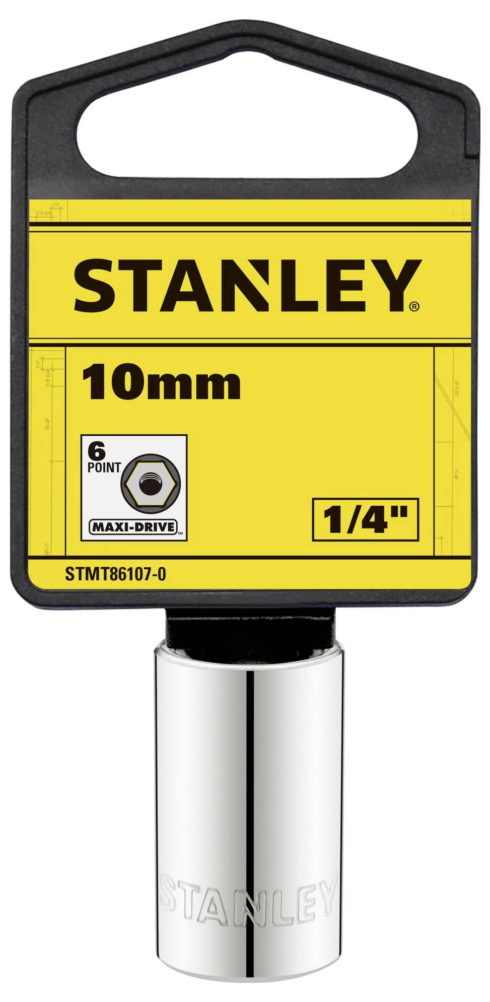 'Stanley' Socket Wrench, 10mm, 6-point, maximum torque, 1/4 inch drive. Packaging in Yellow and Black.
