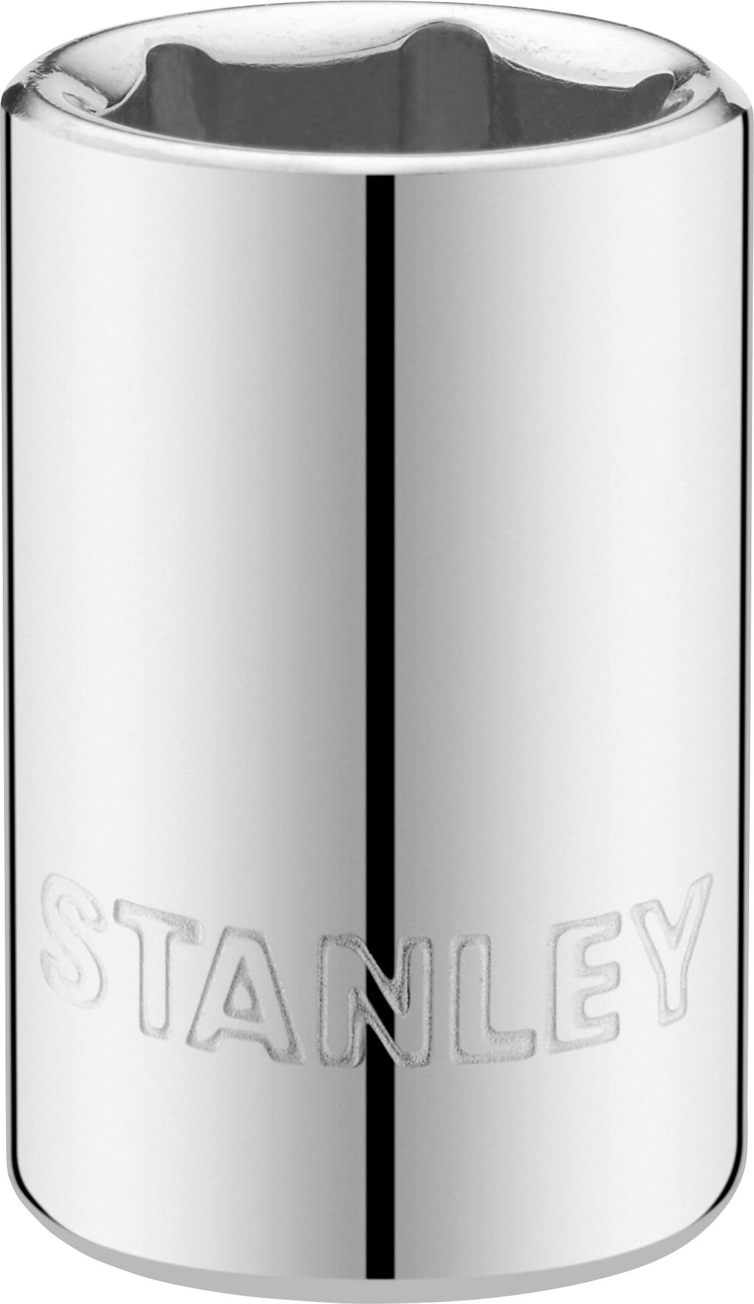 A shiny, silver socket with the 'STANLEY' inscription on the side, used for tightening nuts and bolts.