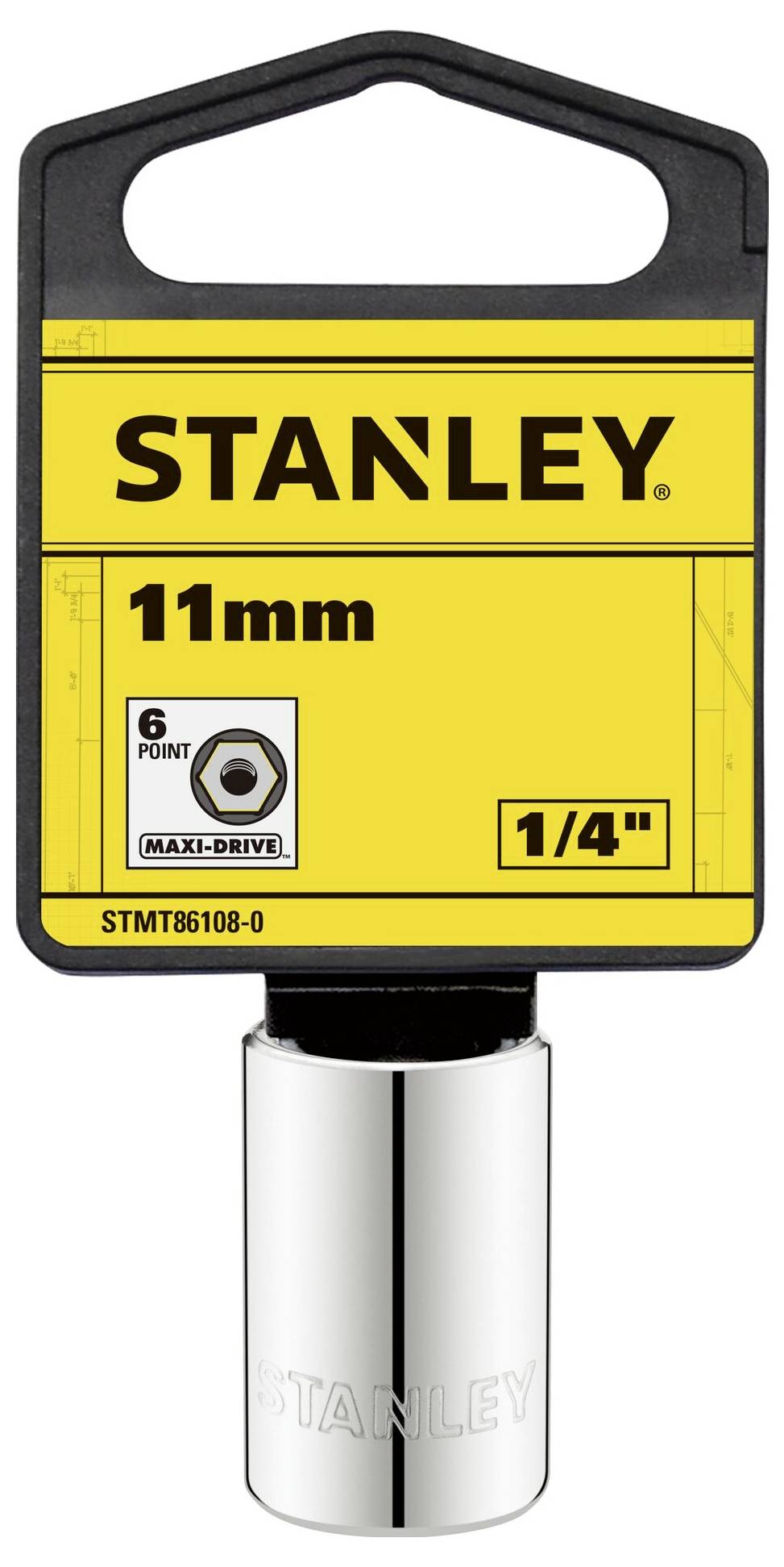 'Stanley 11mm, 1/4 inch, 6-point Socket' on a yellow background.