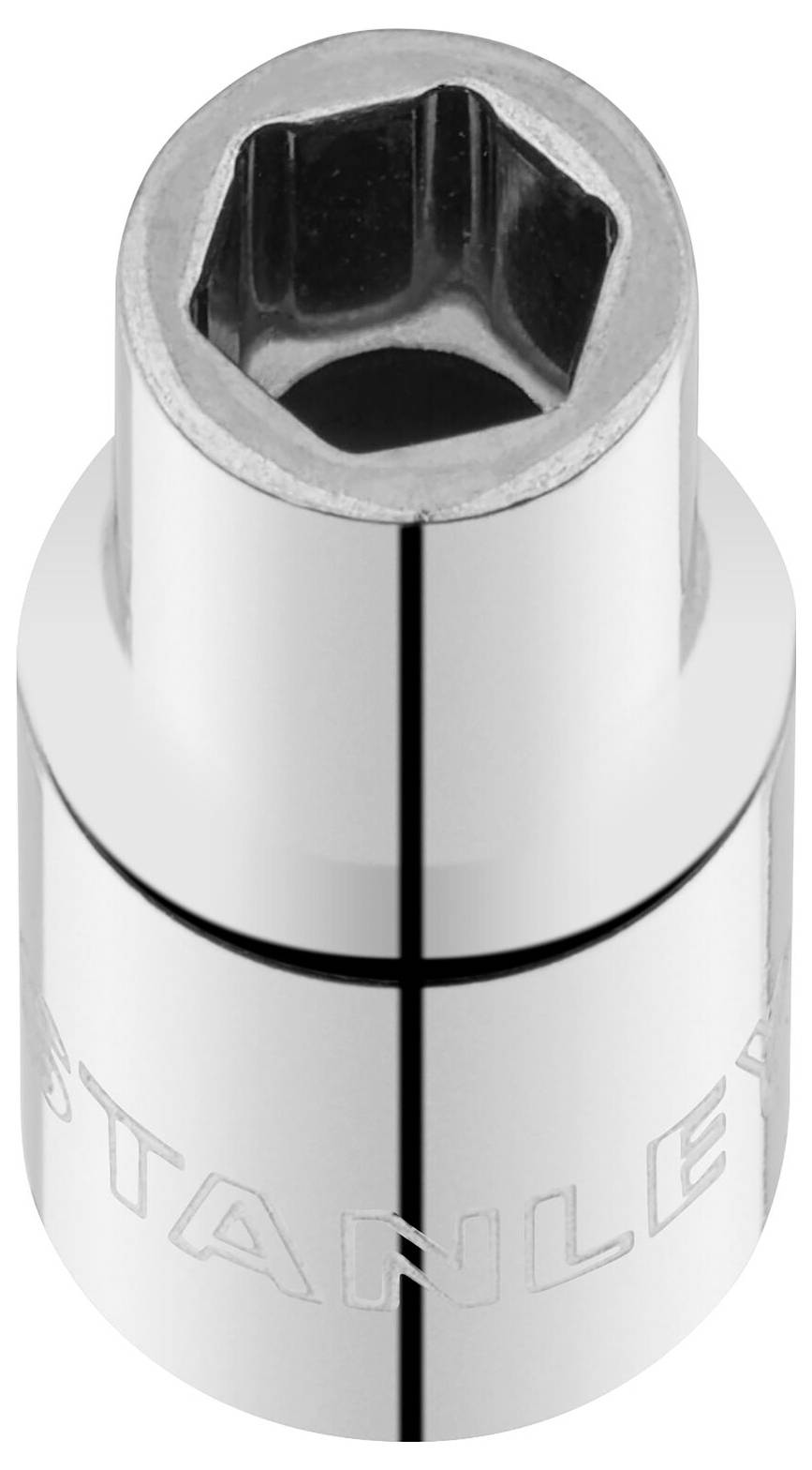 A six-sided hexagonal metal socket tool insert, highly polished, with 'STANLEY' printed on the side.
