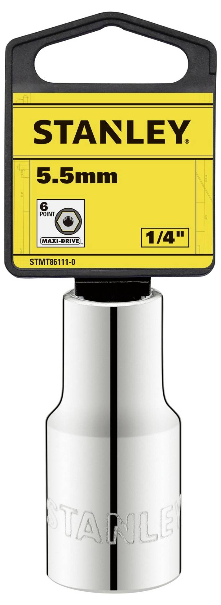 Stanley socket insert, 5.5 mm size, with 1/4 inch drive and hexagonal profile.