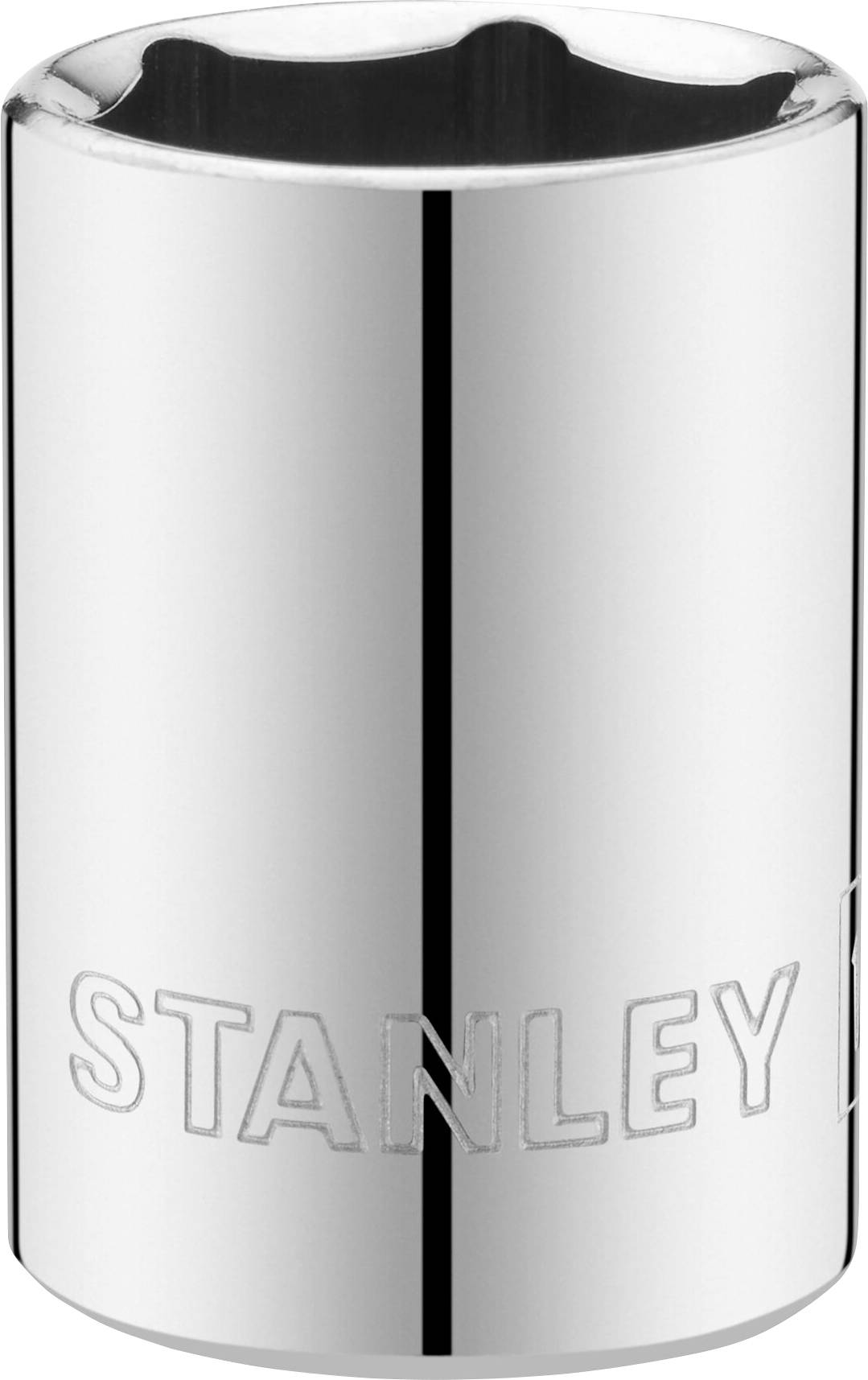 Chrome-plated socket with square internal profile and embossed 'STANLEY' lettering, used for screw connections.
