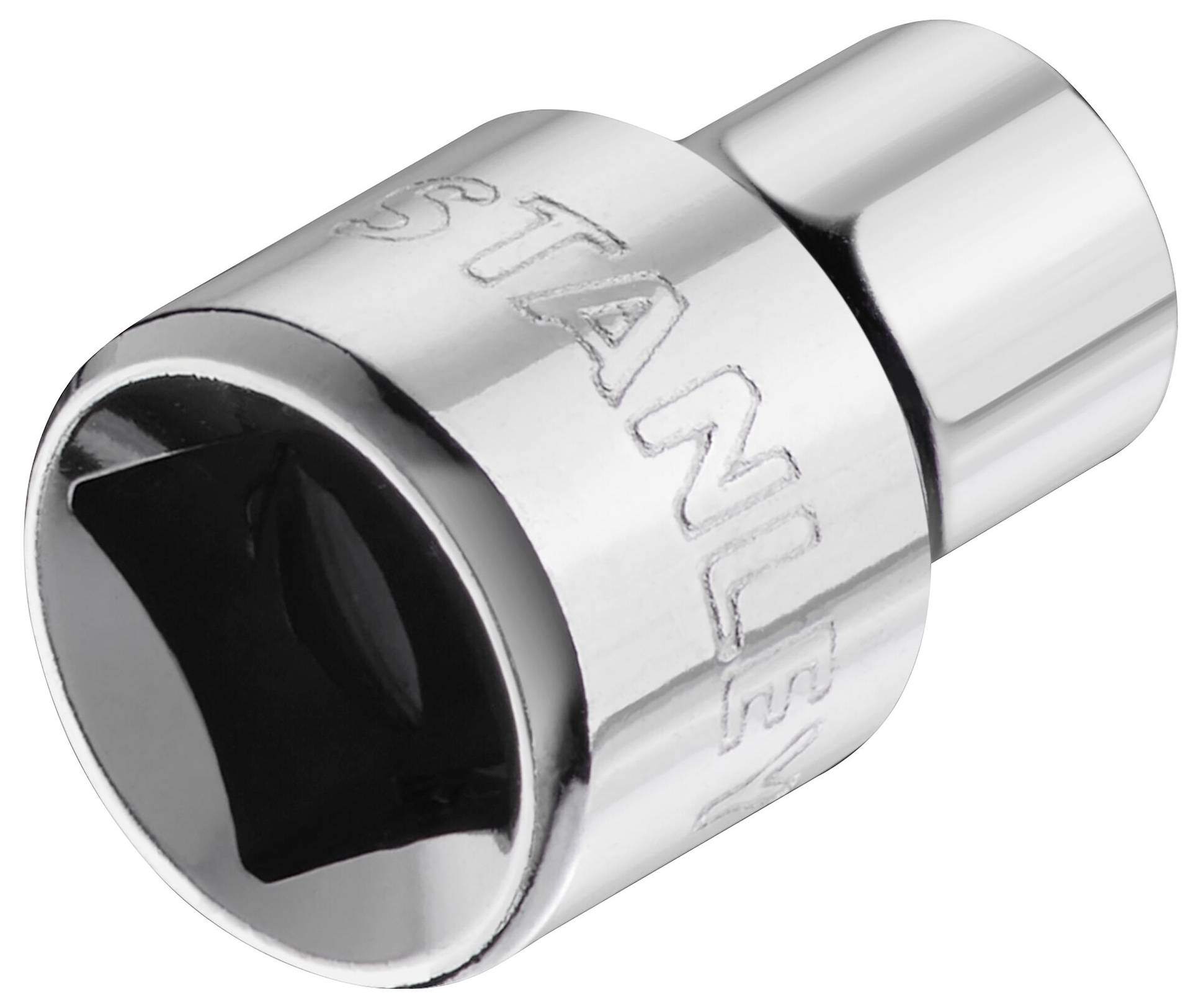 A silver wing nut with an embossed 'Stanley' logo, gleaming metal, square interior, used for screw tools.