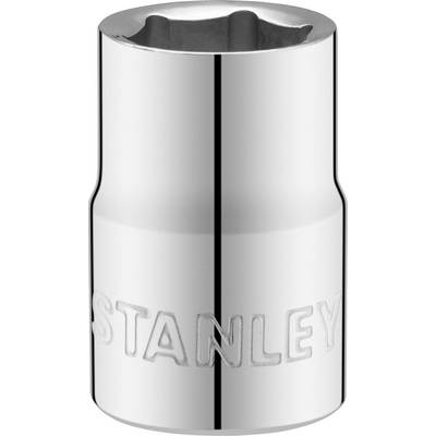 Chrome-plated socket wrench nut with "STANLEY" engraving, used for tightening or loosening threaded connections.
