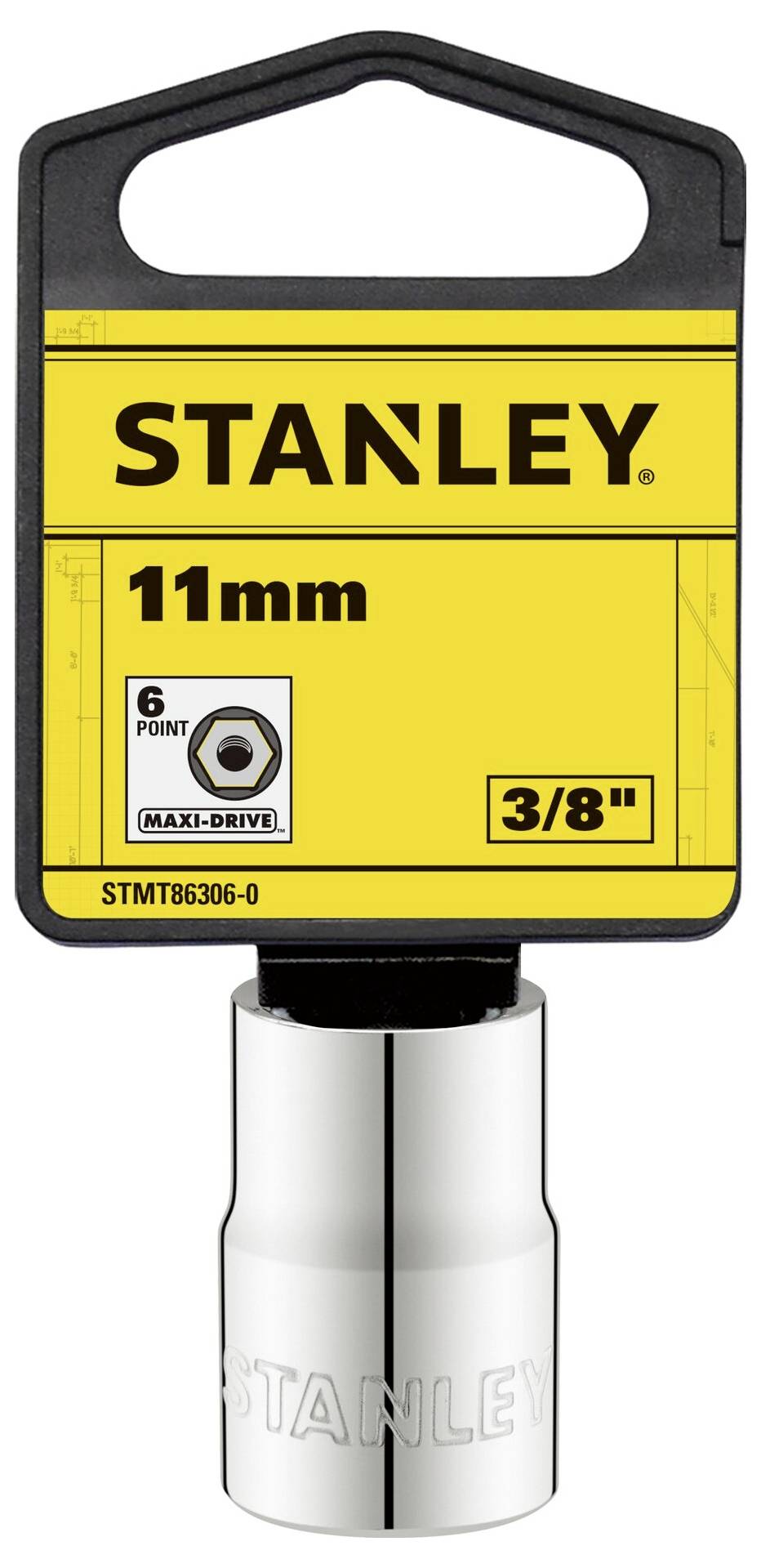 11mm Stanley hexagonal socket, yellow packaging with black logo, 3/8-inch drive, Maxi-Drive technology.