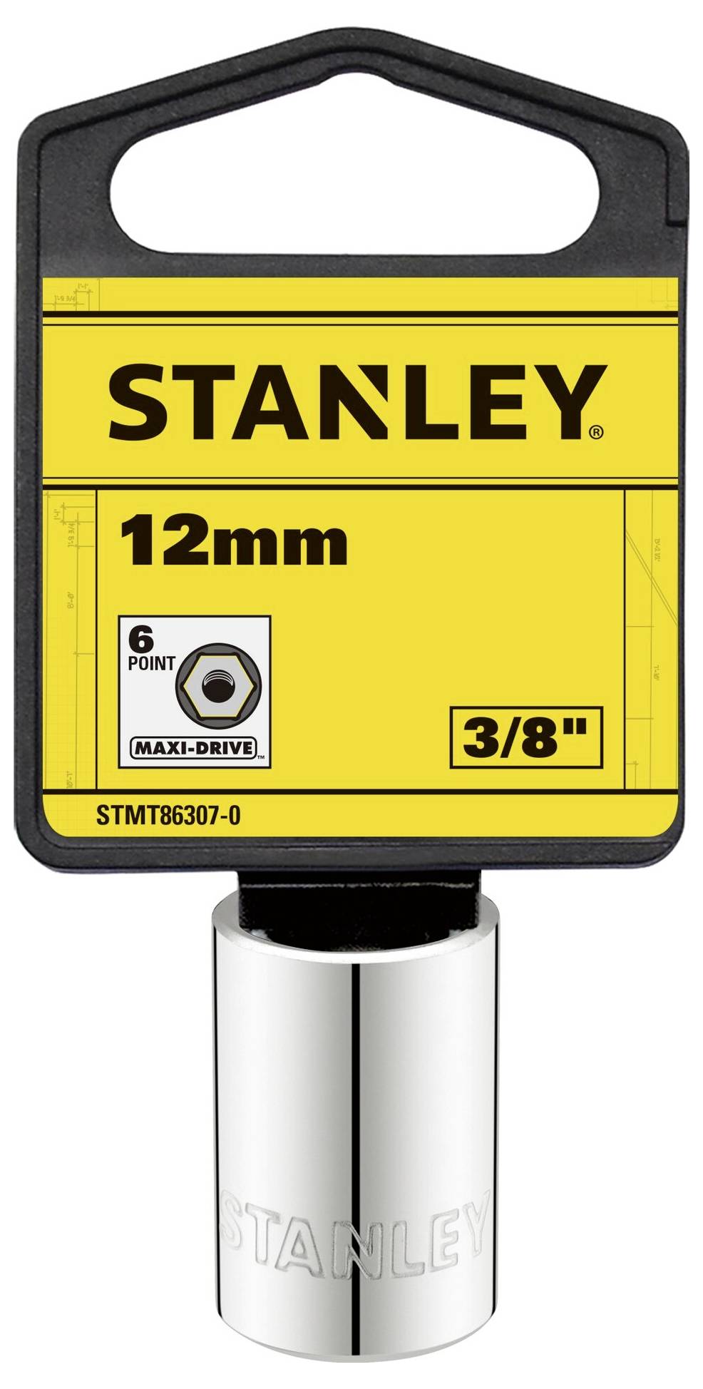Stanley socket with a 12 mm and 3/8 inch size, hexagonal profile, suitable for use with Maxi-Drive systems.