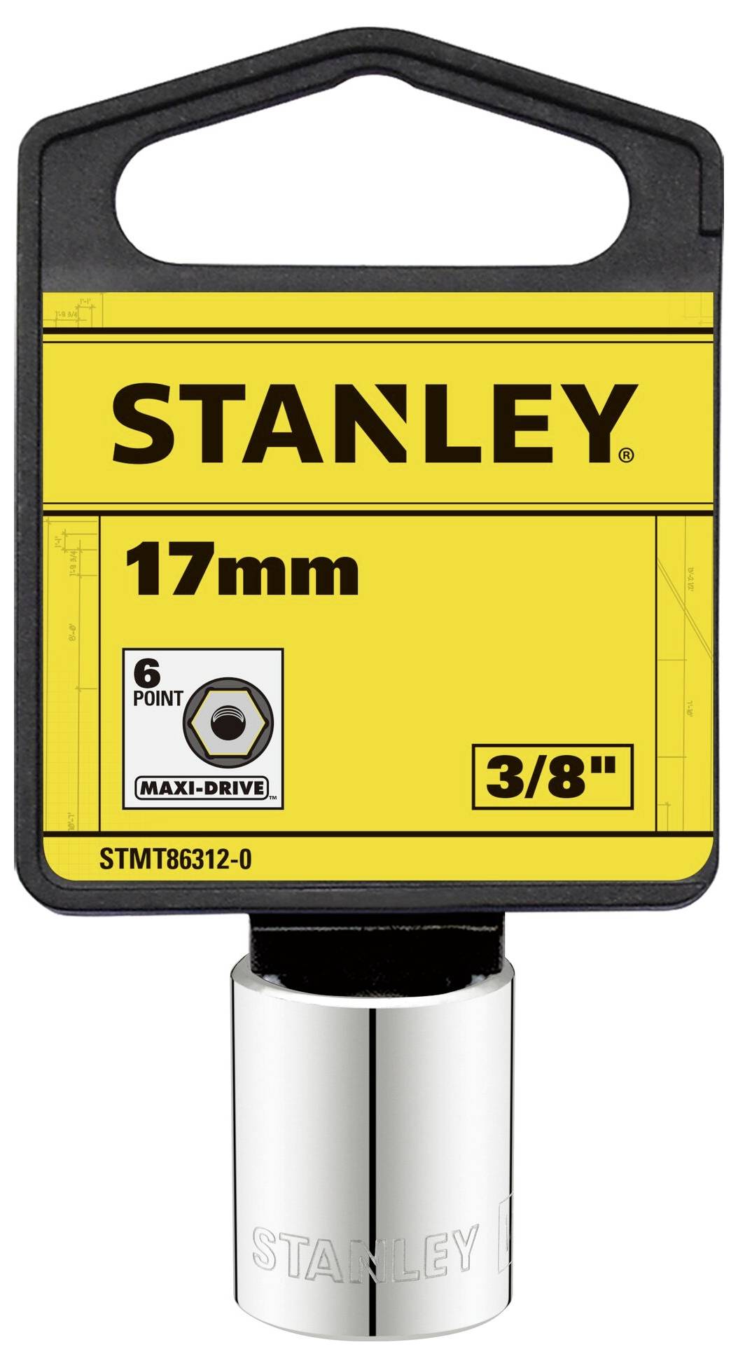 The image shows a Stanley socket wrench, 17 mm, with 3/8-inch drive, hexagonal. Packaging and tool are visible.