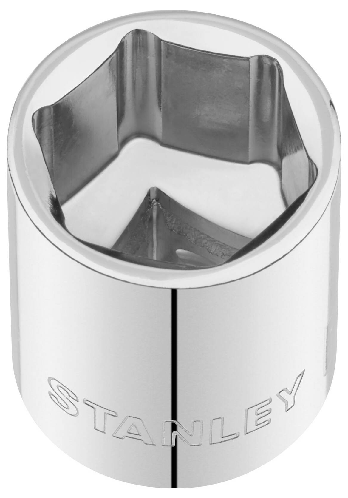 Metal hexagonal socket nut with embossed 'STANLEY' lettering, suitable for threaded connections.