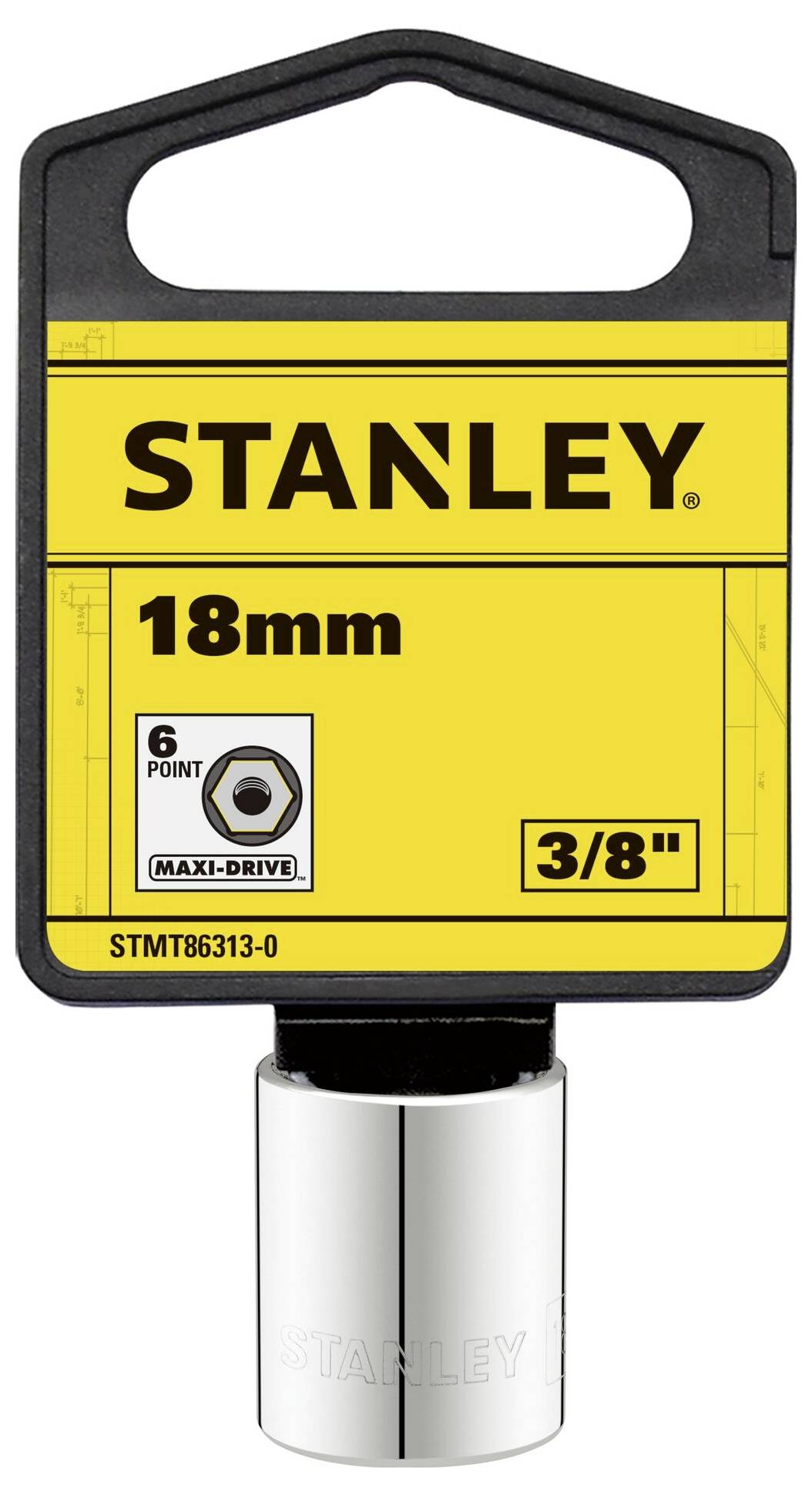 A Stanley 18mm hexagonal spanner with Maxi-Drive design, 3/8 inch, packaged in a yellow, black-bordered holder.