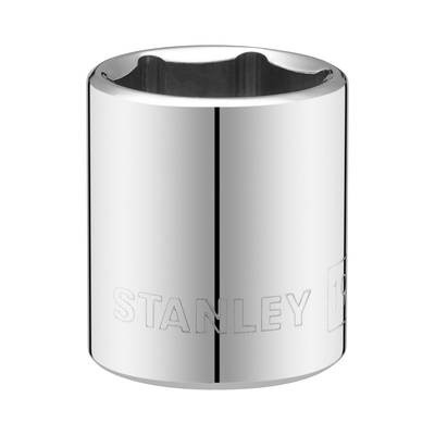 Stanley metal screw head in gleaming silver, cylindrical in shape.
